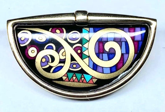 MICHAELA FREY WIEN Vintage Enamel Brooch Pin Gold Tone Black Multicolor Austria