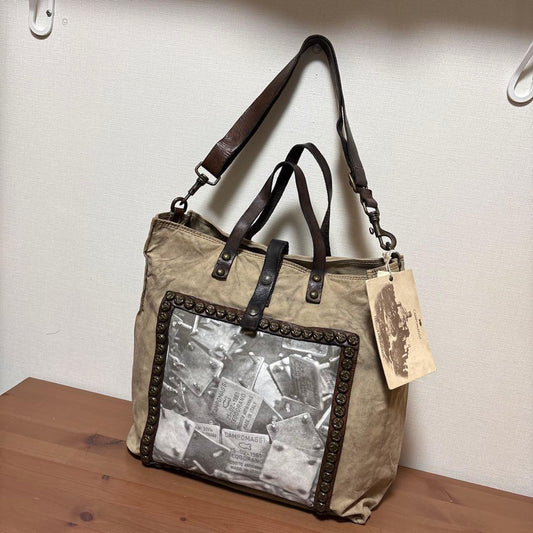CAMPOMAGGI Canvas Leather Tote Bag Beige Studded Italy 2way Shoulder Vintage