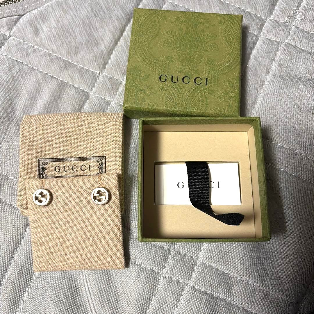 GUCCI Interlocking G Stud Earrings Silver 925 Logo Round Authentic Japan Used