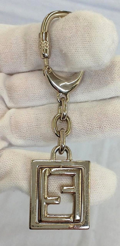 FENDI Zucca FF Logo Keychain Key Ring Charm Silver Tone Metal Italy Vintage