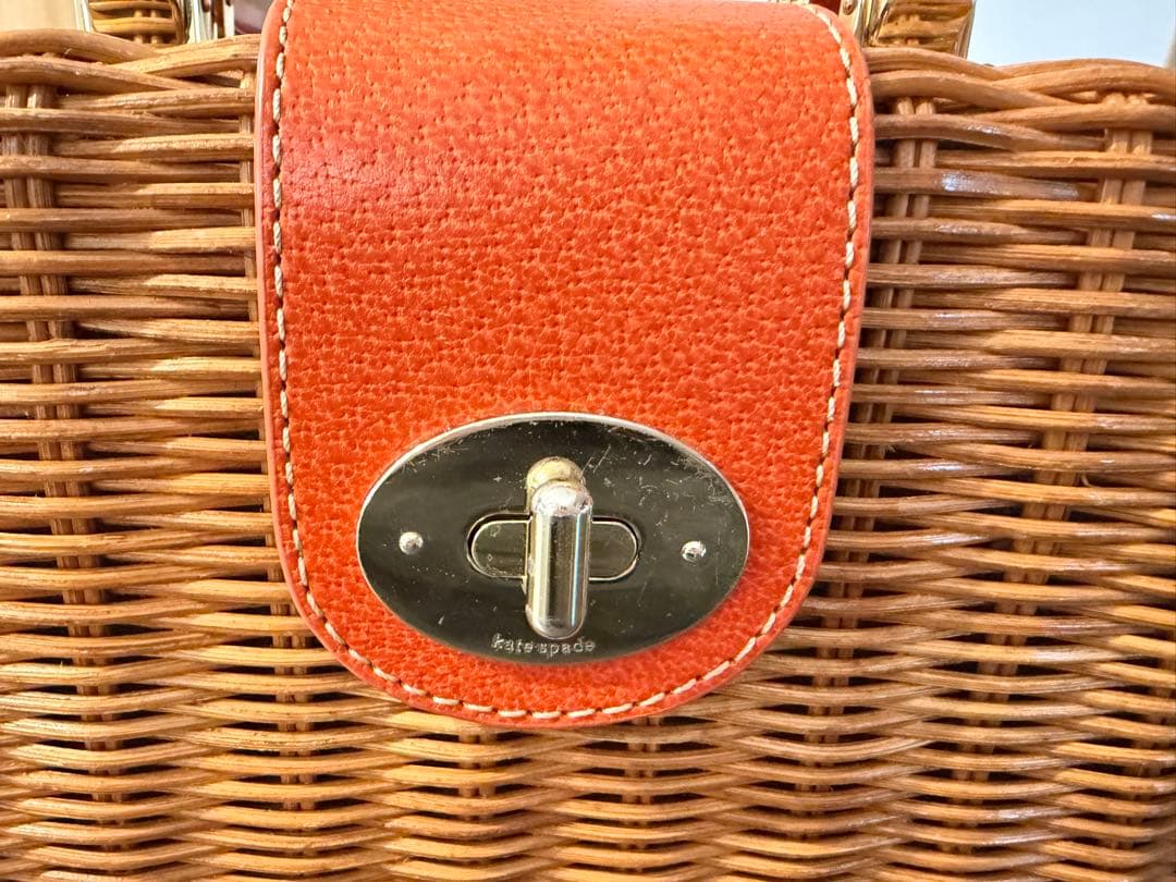 Kate Spade Wicker Basket Bag Rattan Box Orange Leather Handle Turn Lock Straw