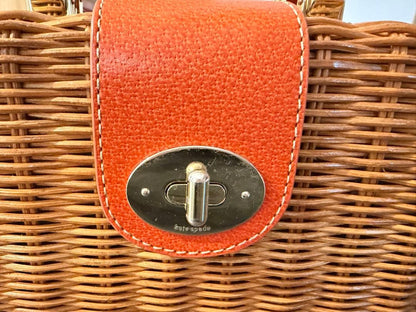 Kate Spade Wicker Basket Bag Rattan Box Orange Leather Handle Turn Lock Straw