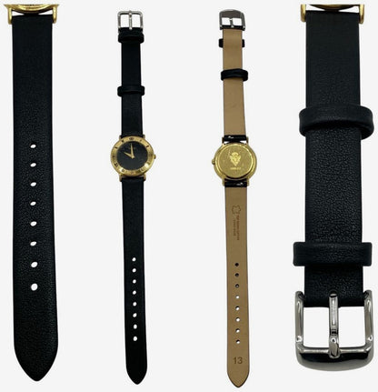 Gucci 3000.2.L Round Watch Black Dial Gold Tone Leather Band Quartz Swiss Made