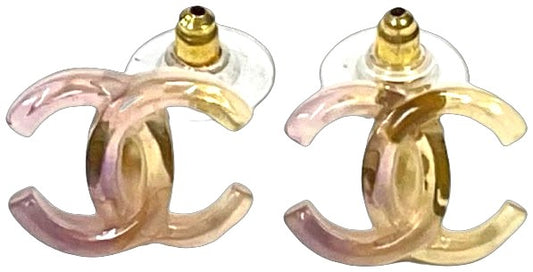 CHANEL CC Logo Earrings Stud Pink Purple Resin Plastic Gold HW Made in France