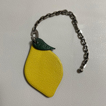 HERMES Lemon Fruit Bag Charm Keychain Yellow Green Leather Silver HW Vintage
