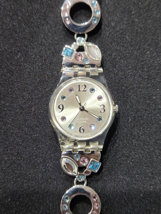 Swatch Menthol Tone LK292G Ladies Watch Crystal Bracelet Silver Swiss Quartz