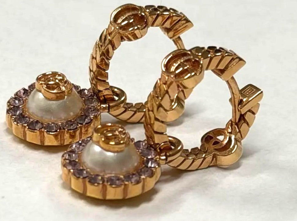 GUCCI Double G Flower Hoop Earrings Pink Gold Pearl Rhinestone 2.3cm Japan