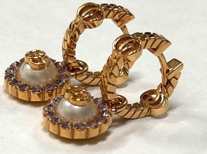 GUCCI Double G Flower Hoop Earrings Pink Gold Pearl Rhinestone 2.3cm Japan