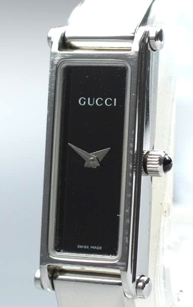 GUCCI 1500L Bangle Watch Black Dial Rectangle Stainless Steel Quartz Swiss Made