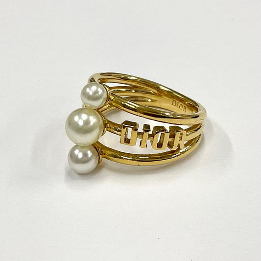 Rare Christian Dior 3 Faux Pearl Logo Gold Tone Ring Size M 52 US 6