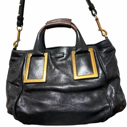 Chloe Ethel 2way Tote Bag Black Leather Gold Square Hardware Shoulder Handbag