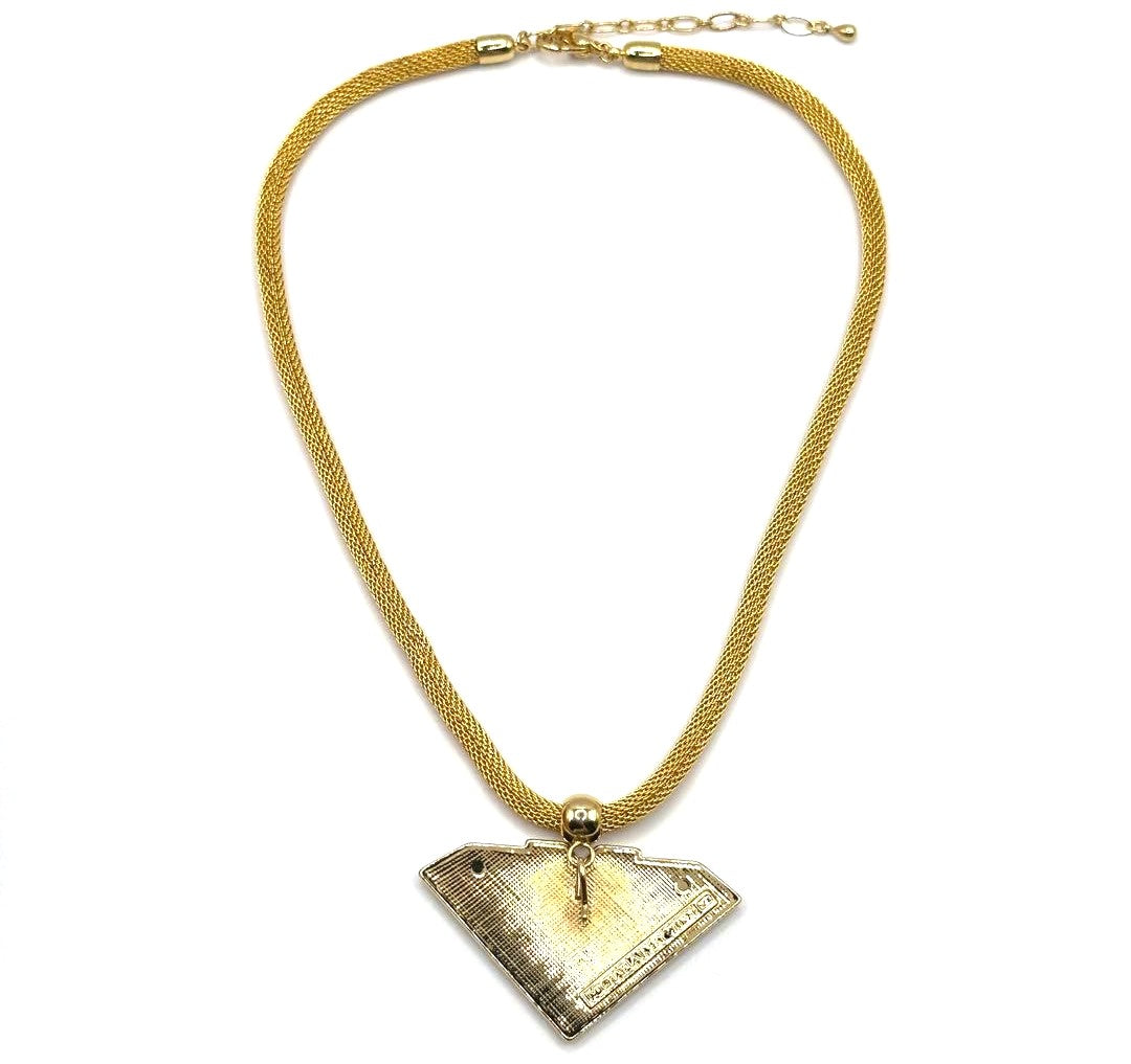 Michaela Frey Wien Enamel Pendant Necklace Blue Gold Mesh Chain 17.7in Austria