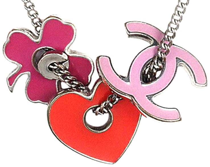 CHANEL CC Heart Clover Charm Necklace Pink Red Metal 04P Italy 44cm(17.3in)