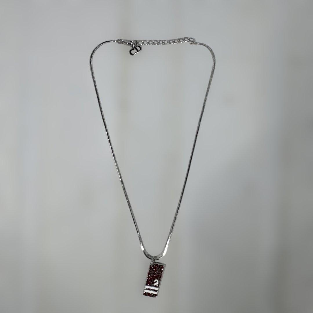 Christian Dior Trotter No2 Silver Tone Metal Red Square Plate Necklace