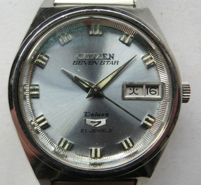 Citizen Seven Star Deluxe 21 Jewels Automatic Men Watch Silver Day-Date Vintage