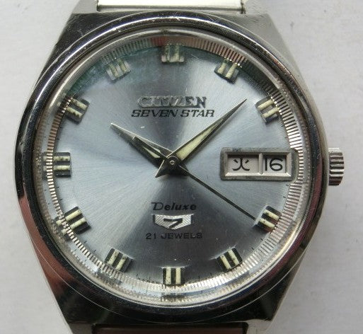 Citizen Seven Star Deluxe 21 Jewels Automatic Men Watch Silver Day-Date Vintage