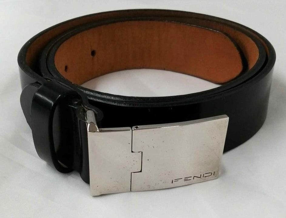 FENDI Zucca Logo Buckle Leather Belt Black Silver Hardware Mens 86cm 33.9in