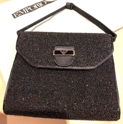 Emporio Armani Black Glitter Satin Mini Evening Bag Handbag Silver HW 5.5x5.5in