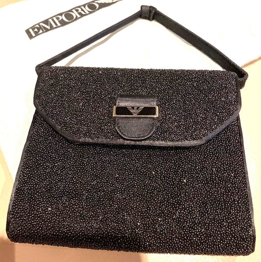 Emporio Armani Black Glitter Satin Mini Evening Bag Handbag Silver HW 5.5x5.5in