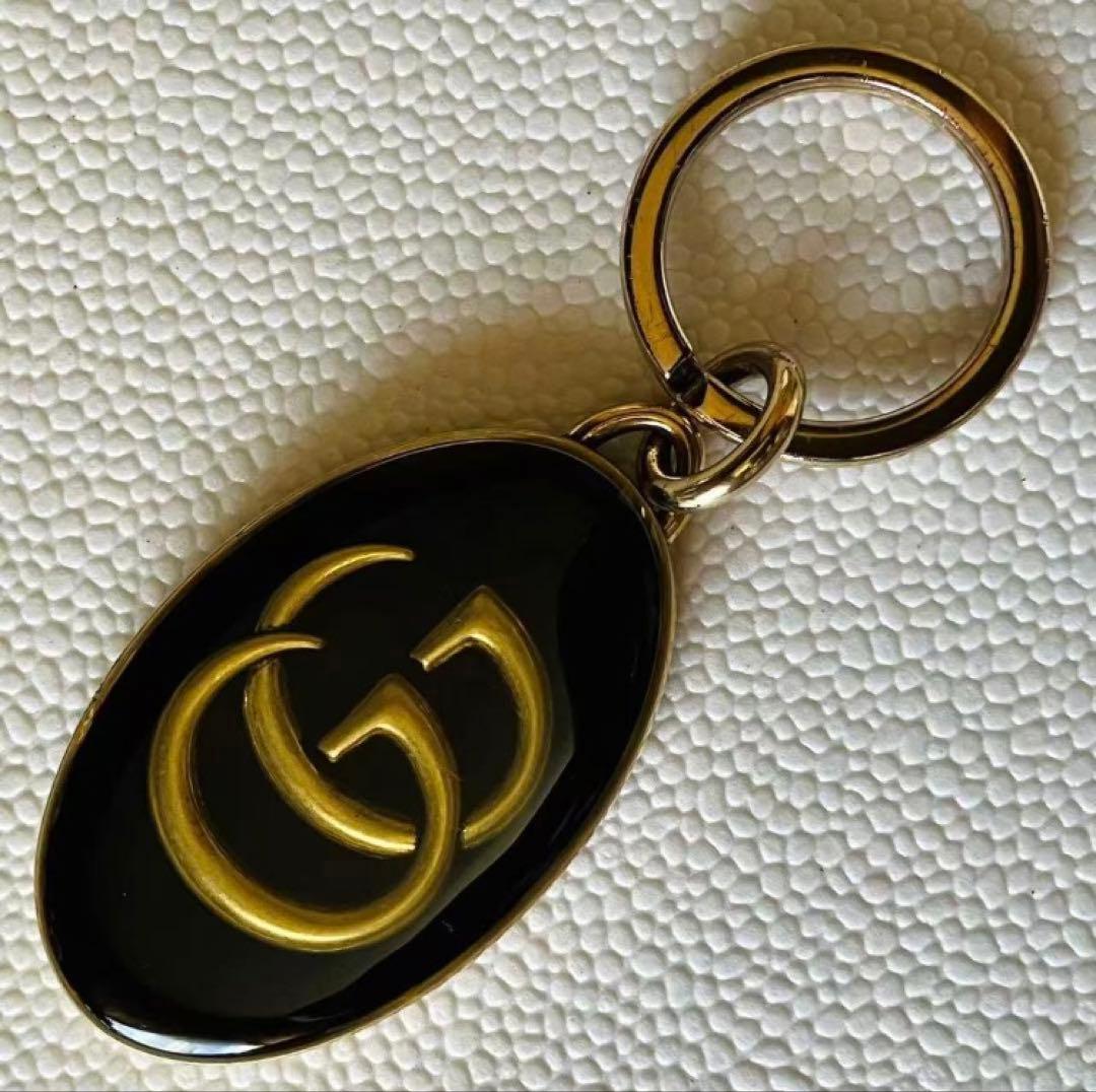 Gucci Auth GG Marmont Double G Metal Keyring Bag Charm Gold Black 8.5cm Used
