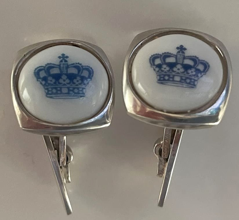 Georg Jensen Royal Copenhagen Sterling Silver Porcelain Crown Cufflinks Vintage