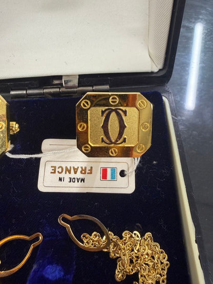 Cartier C de Cartier Cufflinks Set Gold Tone Square Logo France Vintage