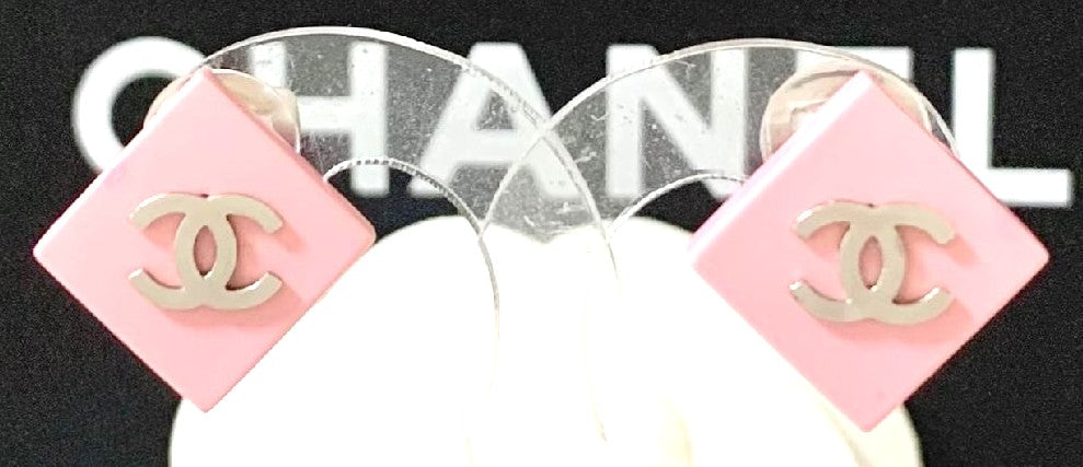 CHANEL CC Logo Earrings Pink Diamond Square Resin Silver Clip-On Authentic