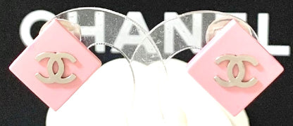 CHANEL CC Logo Earrings Pink Diamond Square Resin Silver Clip-On Authentic