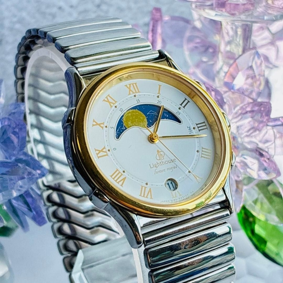 Citizen Lighthouse Lumen Majus Moon Phase Vintage Mens Watch Gold Silver Cream