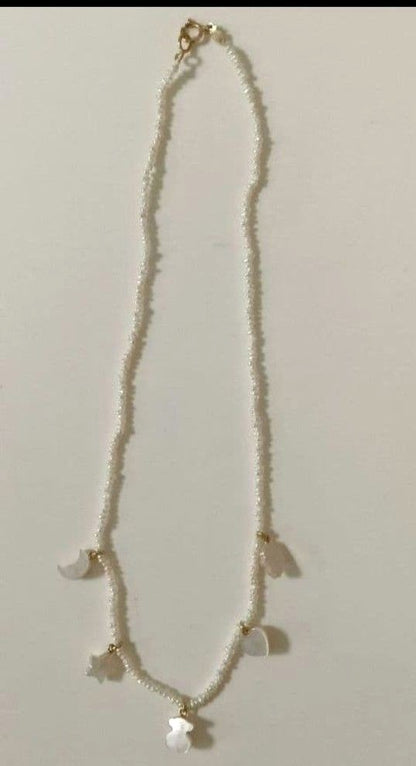 TOUS 18K Yellow Gold Mother of Pearl Charm Necklace Star Moon Bear 14.9in Unused