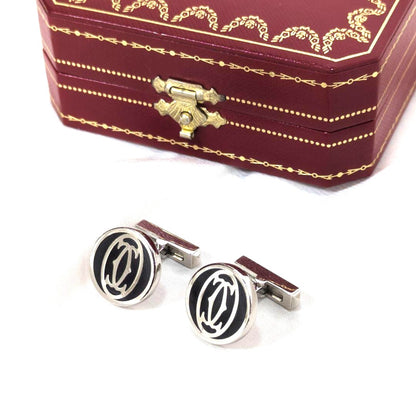 Cartier Double C Logo Cufflinks Silver 925 Black Enamel w/Box Authentic Japan