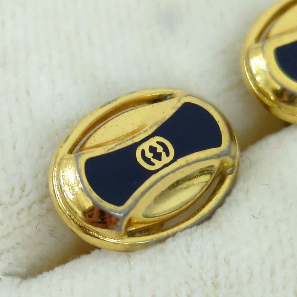 GUCCI Vintage Cufflinks Navy Blue Enamel Gold Tone Interlocking G Mens Italy