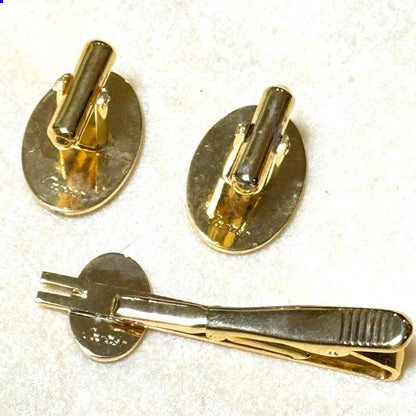 Cartier Double C Cufflinks Tie Bar Set Navy Gold Enamel Oval Logo Mens Formal