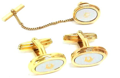 Christian Dior Vintage Cufflinks Tie Tack Pin Set Gold Tone Authentic Japan Used