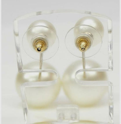 CHANEL CC Logo Faux Pearl Drop Dangle Earrings Cream Silver Chain Pre-Owned