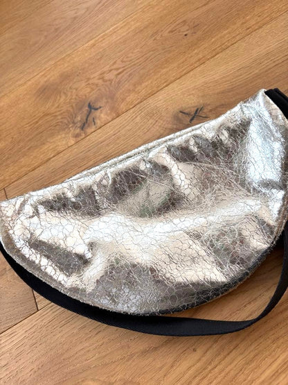 SEE BY CHLOE Belt Bag Fanny Pack Silver Crinkle Leather Safety Pin HW 11x5.9in.