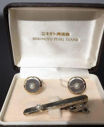 MIKIMOTO Pearl Cufflinks Tie Clip Bar Set Gold Silver Two-Tone w/ Box 2.0in