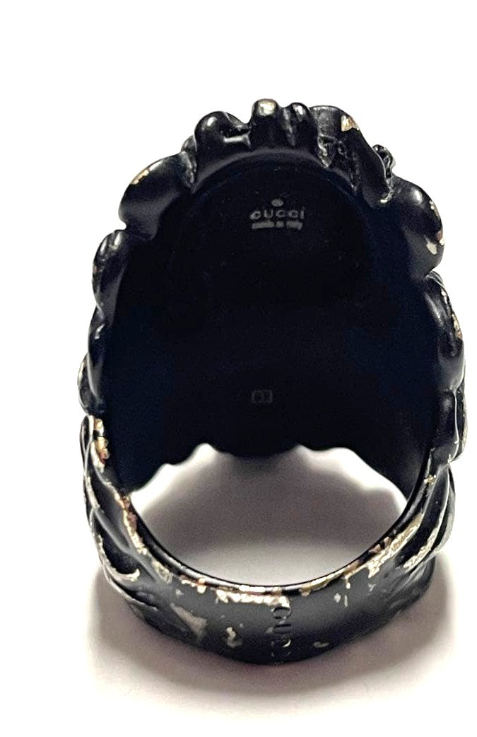 GUCCI Lion Head Ring Black Enamel Pink Stone Silver HW US6-6.5 EUR51-52 AUTH