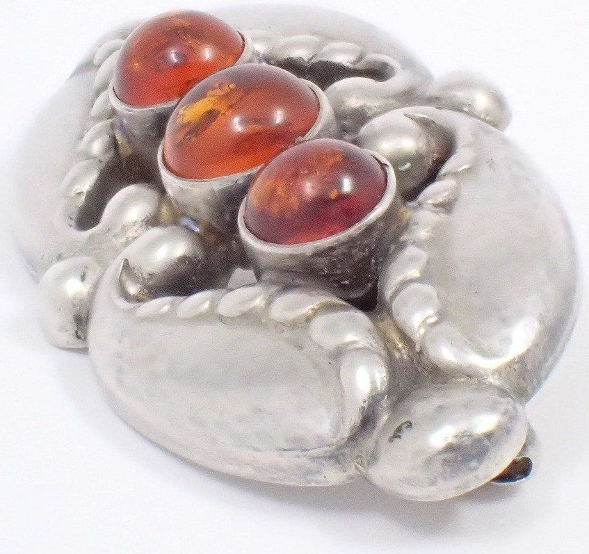 Georg Jensen #156 Brooch Silver 925 Amber Cabochon Art Nouveau Vintage Denmark