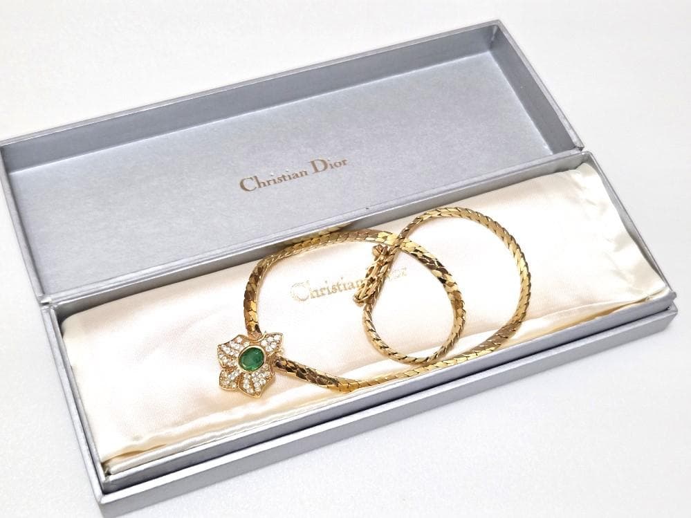 Dior Authentic Rhinestone Green Stone Necklace 41cm 16.1" Chain Gold Tone Great!