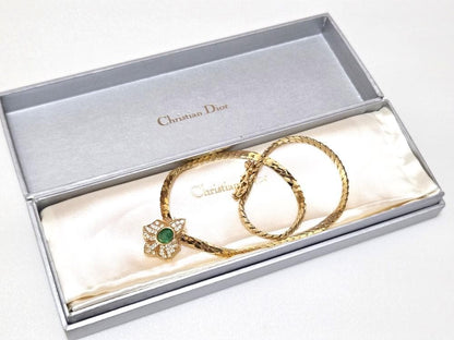 Dior Authentic Rhinestone Green Stone Necklace 41cm 16.1" Chain Gold Tone Great!