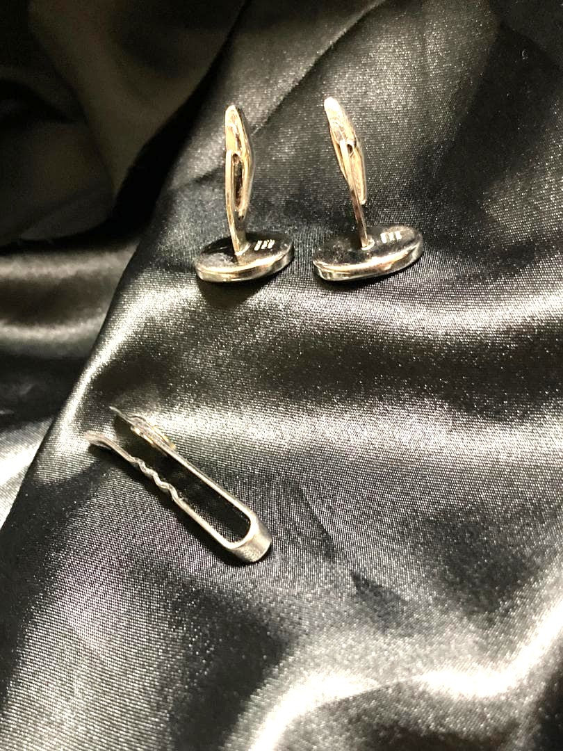 GUCCI Vintage Interlocking GG Sherry Line Cufflinks Tie Clip Set Silver Gold