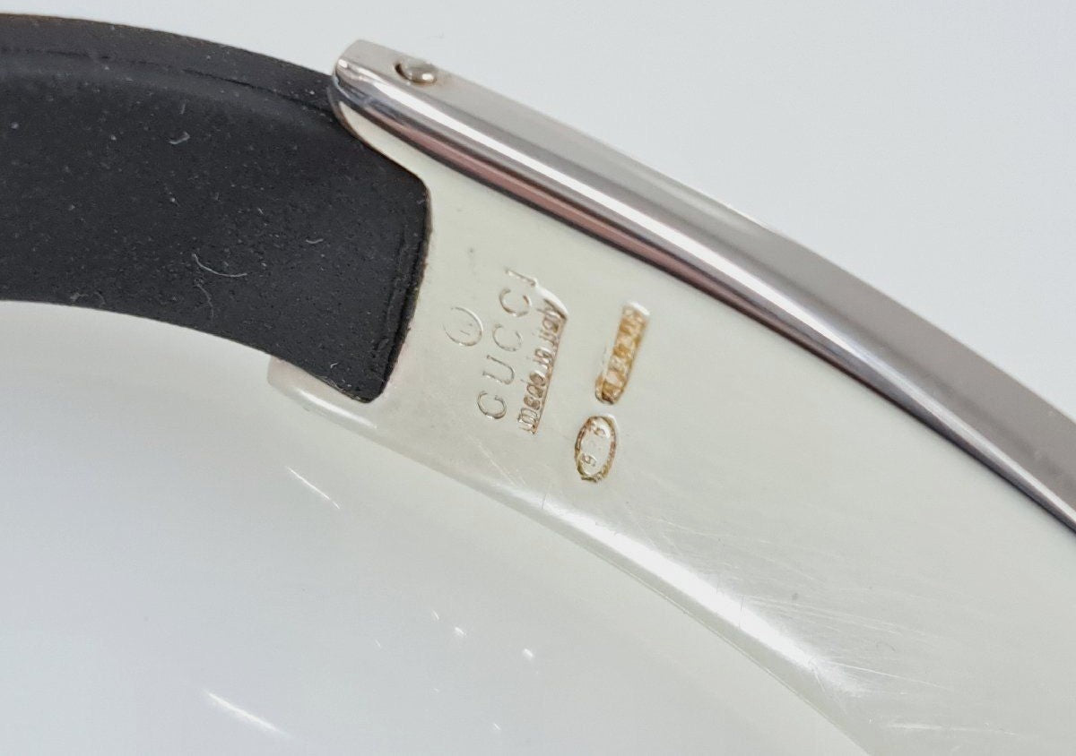 GUCCI Plate Rubber Bracelet Bangle Silver 925 Black 7.5in Authentic Unisex