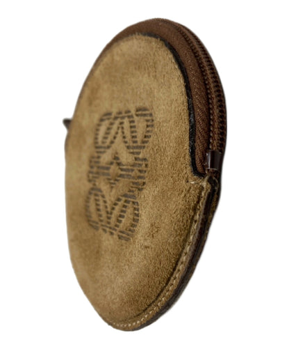 LOEWE Anagram Logo Round Coin Case Purse Brown Suede Leather Zip Vintage