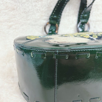 ANNA SUI Embroidered Tote Bag Dark Green Deer Floral Patent Leather Vintage