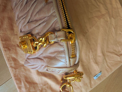 Miu Miu Matelasse Shoulder Bag Pink Beige Leather Gold Chain Padlock Authentic