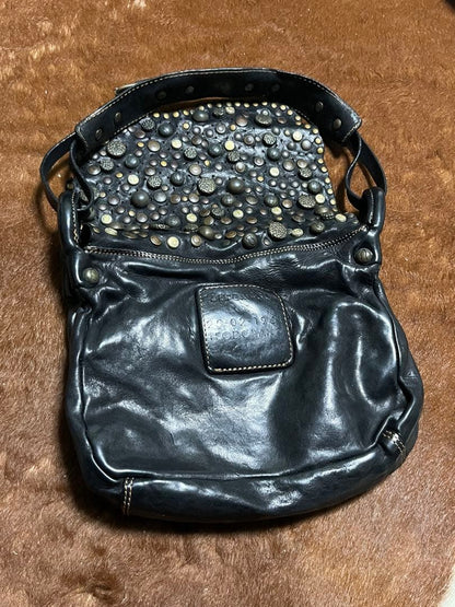 CAMPOMAGGI Studded Leather Shoulder Bag Charcoal Gray Italy Thick Vintage Boho