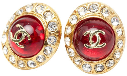 CHANEL CC Logo Gripoix Clip-on Earrings Gold Red Glass Rhinestone 27mm Authentic