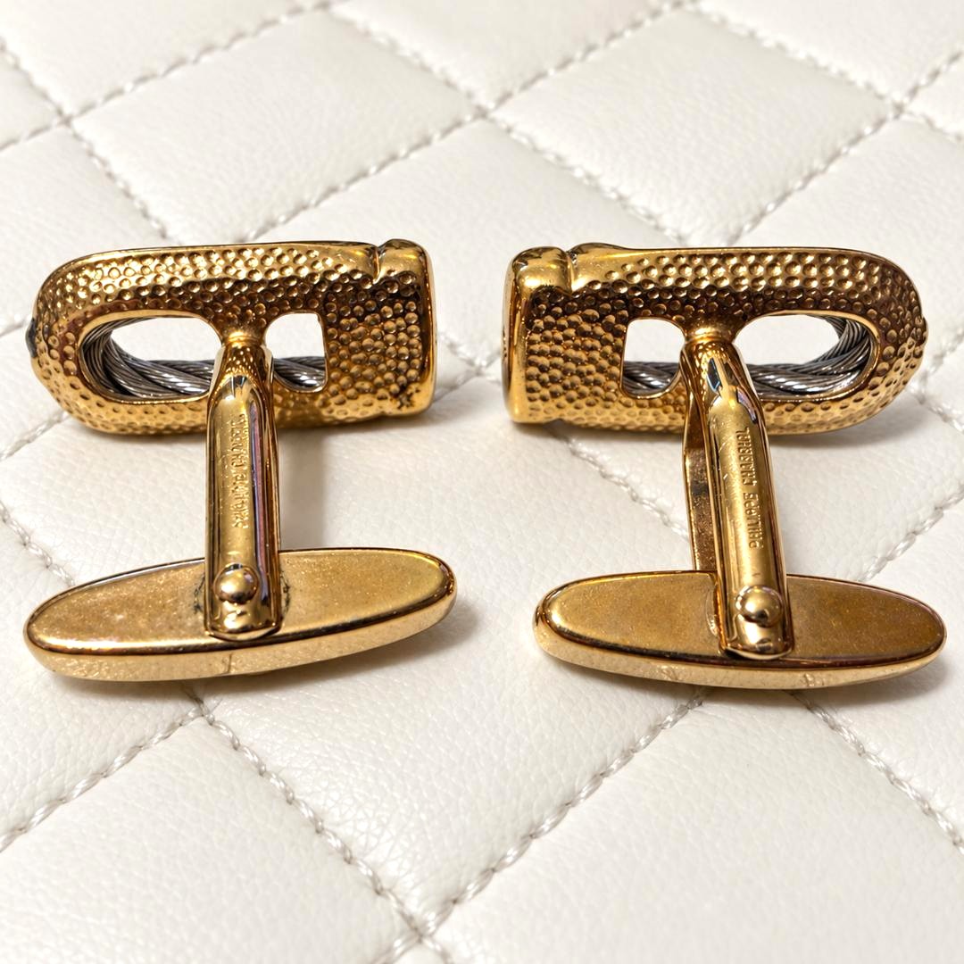 PHILIPPE CHARRIOL Cufflinks Gold Silver Tone Wire Cable Metal Men's Vintage