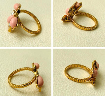 GUCCI Flower Ring Set 3-Band Coral Pink Crystal Gold Tone SizeS US6.5 EUR52 Auth